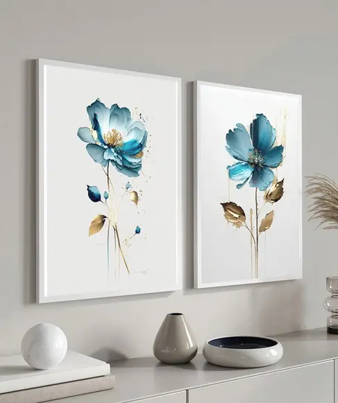 Kit Quadros Decorativos Flores Azul para Quarto Sala Moldura