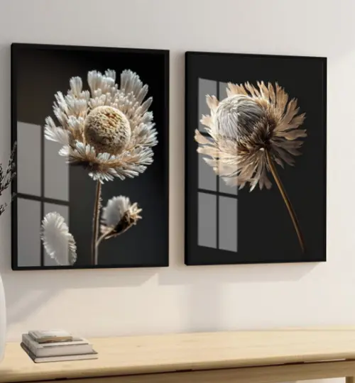 Kit Quadros Decorativos Flores Brancas com Moldura e Vidro