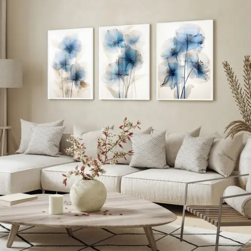 Kit Quadros Decorativos Flores Azul Sala Hall Luxo com Vidro