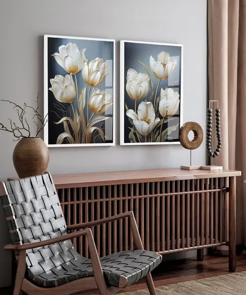 Kit Quadros Decorativos Flores Brancas Gold Luxo com Vidro