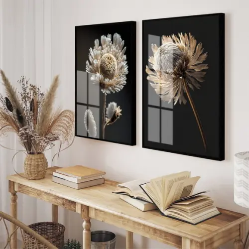 Kit Quadros Decorativos Flores Brancas com Moldura e Vidro