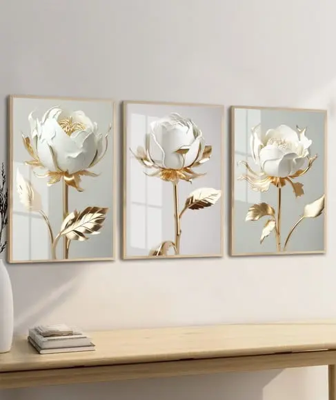 Kit Quadros Decorativos Flores Brancas e Douradas com Vidro