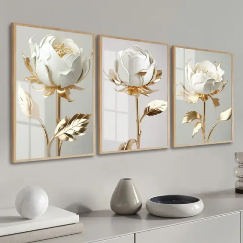 Kit Quadros Decorativos Flores Brancas e Douradas com Vidro