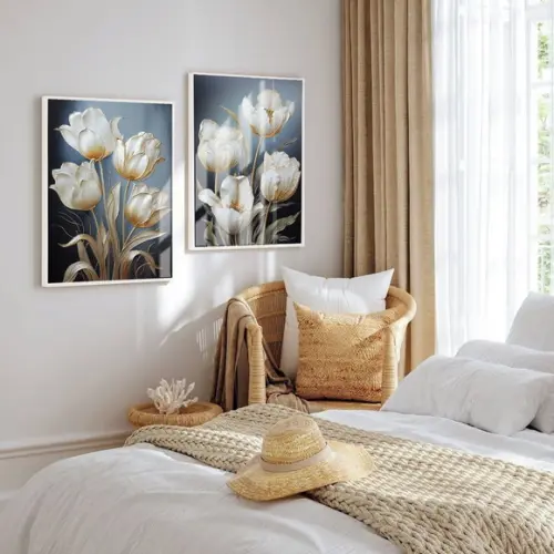 Kit Quadros Decorativos Flores Brancas Gold Luxo com Vidro