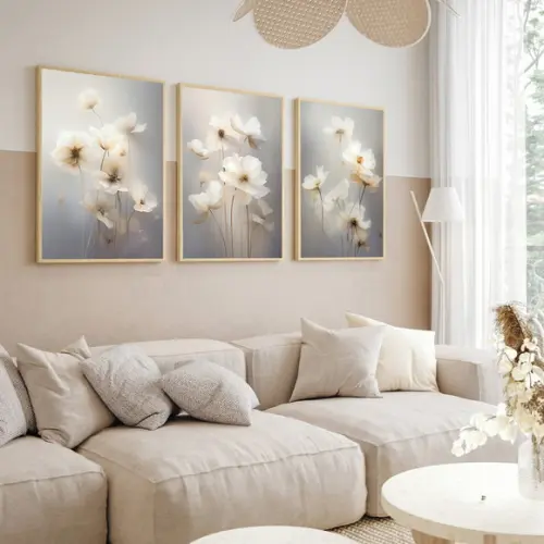 Kit Quadros Decorativos Flores Brancas Sala Moderno Moldura