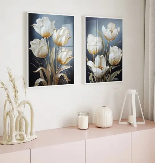 Kit Quadros Decorativos Flores Brancas Gold Luxo com Vidro