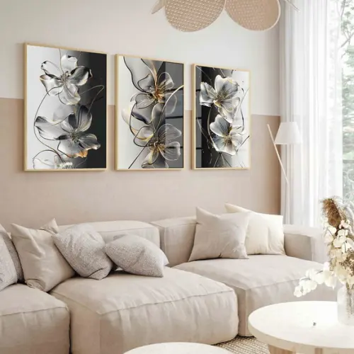 Kit Quadros Decorativos Flores Dourada Preto Luxo com Vidro