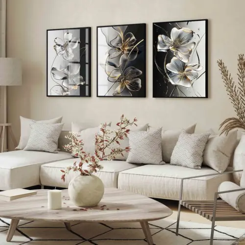 Kit Quadros Decorativos Flores Dourada Preto Luxo com Vidro