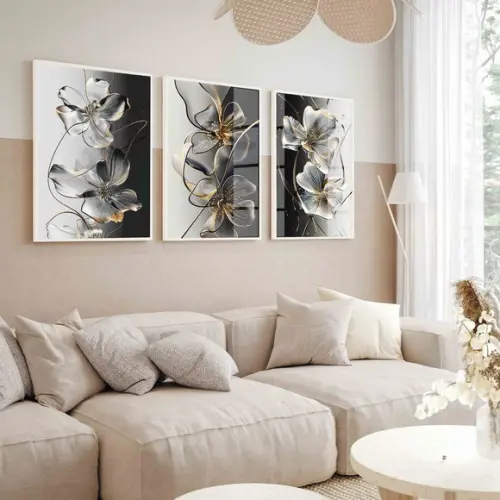 Kit Quadros Decorativos Flores Dourada Preto Luxo com Vidro