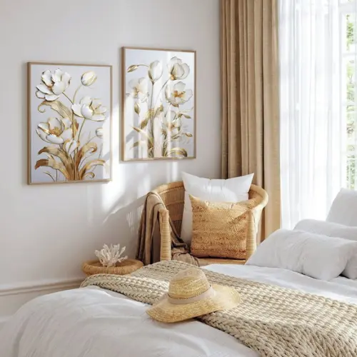 Kit Quadros Decorativos Flores Douradas Gold Luxo com Vidro