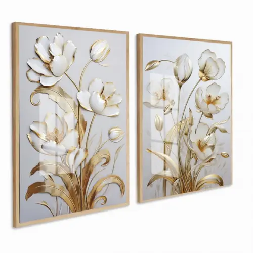 Kit Quadros Decorativos Flores Douradas Gold Luxo com Vidro