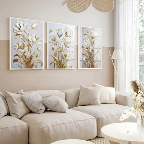 Kit Quadros Decorativos Flores Douradas Gold Luxo com Vidro