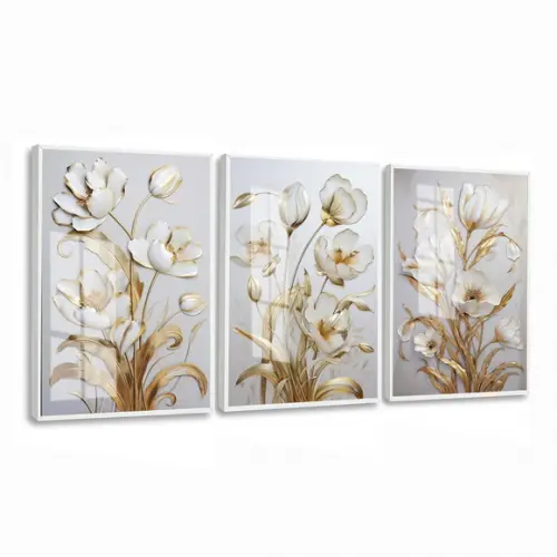 Kit Quadros Decorativos Flores Douradas Gold Luxo com Vidro