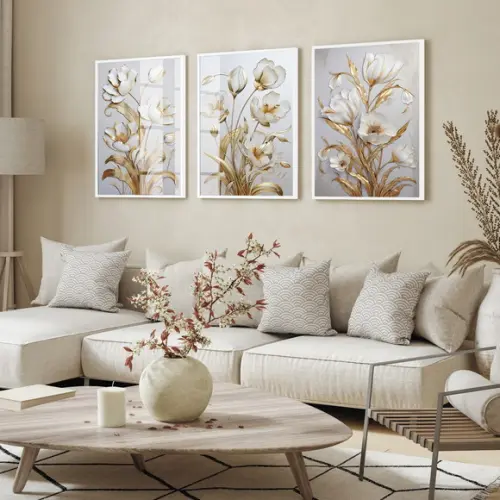 Kit Quadros Decorativos Flores Douradas Gold Luxo com Vidro