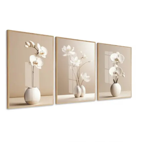 Kit Quadros Decorativos Flores Moderna Bege Moldura e Vidro
