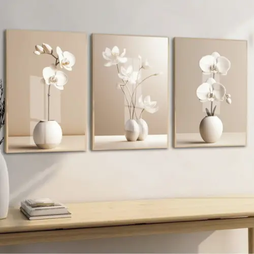 Kit Quadros Decorativos Flores Moderna Bege Moldura e Vidro