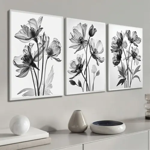 Kit Quadros Decorativos Flores Modernas com Moldura e Vidro