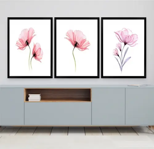 Kit Quadros Decorativos Flores Rosa Para Quarto Sala Moldura