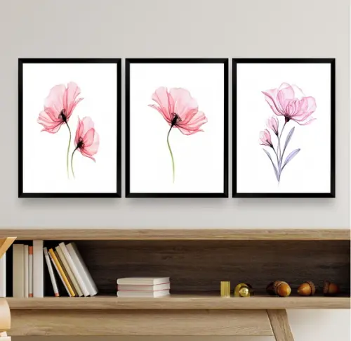 Kit Quadros Decorativos Flores Rosa Para Quarto Sala Moldura