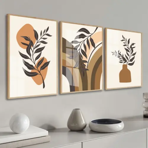 Kit Quadros Decorativos Folhagem Abstrato Boho Moldura Vidro