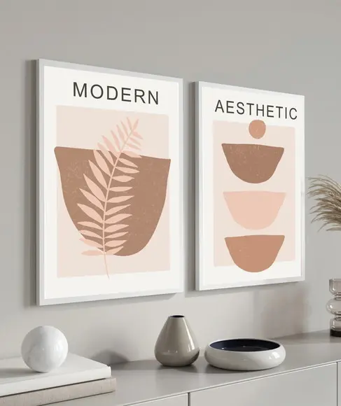 Kit Quadros Decorativos Folhagem Abstrato Terracota Moldura