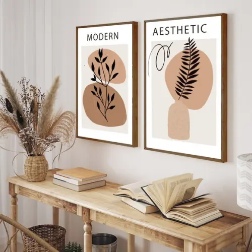Kit Quadros Decorativos Folhagem Abstrato Marrom Com Moldura