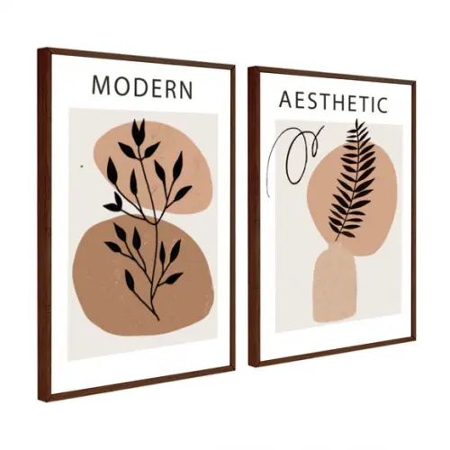 Kit Quadros Decorativos Folhagem Abstrato Marrom Com Moldura