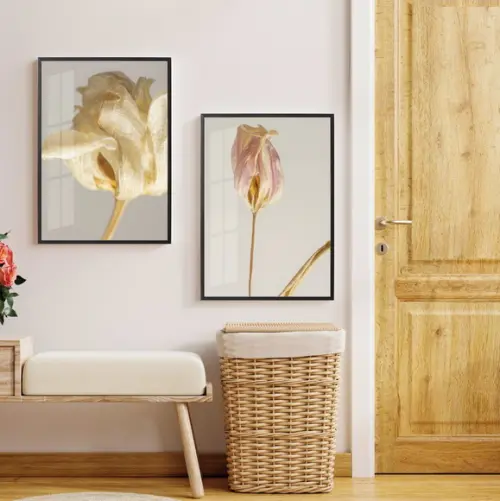 Kit Quadros Decorativos Folhagem Bege Flores Moldura e Vidro