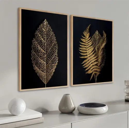 Kit Quadros Decorativos Folhagem Dourada Moderno Com Moldura