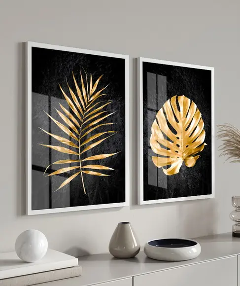 Kit Quadros Decorativos Folhagem Dourada Com Moldura e Vidro