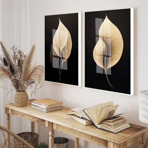 Kit Quadros Decorativos Folhagem Dourada Sala Moderna Vidro