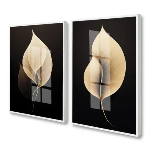 Kit Quadros Decorativos Folhagem Dourada Sala Moderna Vidro