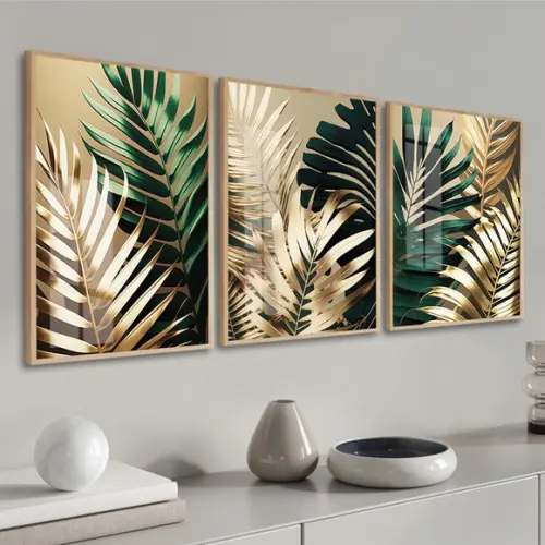 Kit Quadros Decorativos Folhagem Dourada Verde Moldura Vidro