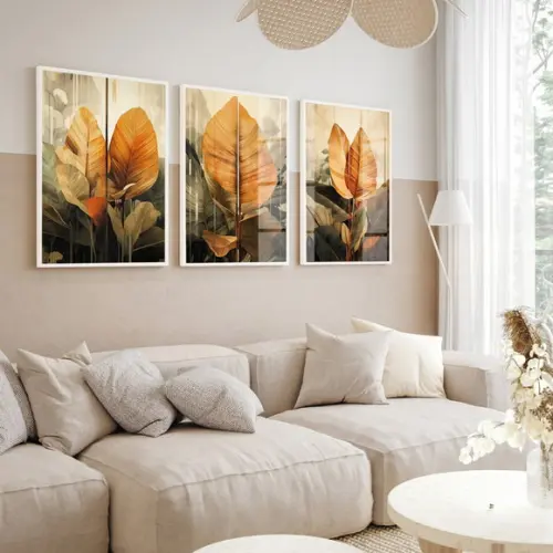 Kit Quadros Decorativos Folhagem Moderna com Moldura e Vidro