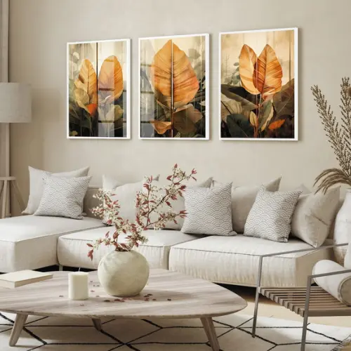 Kit Quadros Decorativos Folhagem Moderna com Moldura e Vidro
