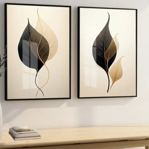 Kit Quadros Decorativos Folhagem Sala Moderna Moldura Vidro
