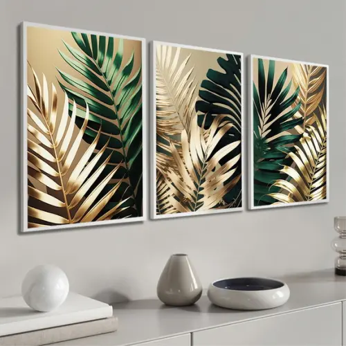 Kit Quadros Decorativos Folhagem Verde Gold Moderno Moldura