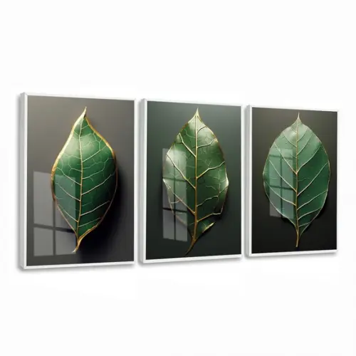 Kit Quadros Decorativos Folhagem Verde Moderna Moldura Vidro