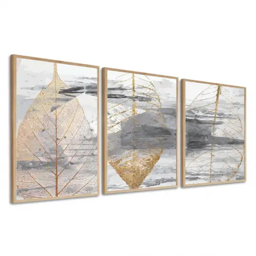 Kit Quadros Decorativos Folhas Douradas Quarto Sala Moldura