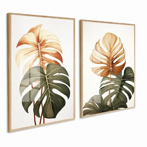Kit Quadros Decorativos Folhas Costela de Adão Moldura Vidro