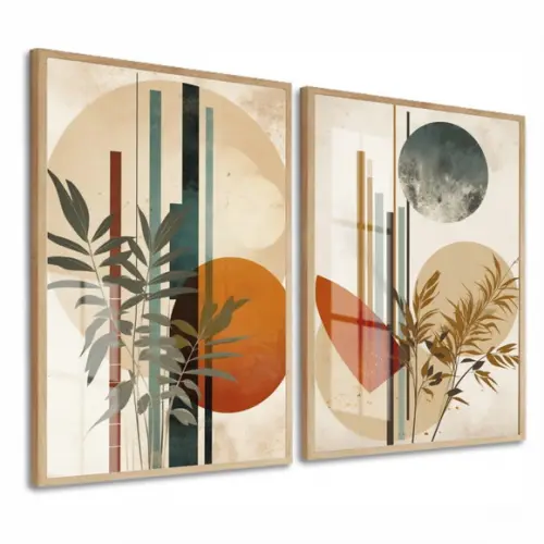 Kit Quadros Decorativos Folhas Geométrico com Moldura Vidro