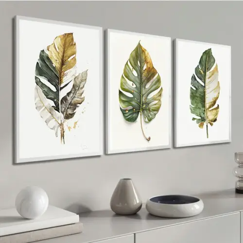 Kit Quadros Decorativos Folhas Verde Costela de Adão Moldura