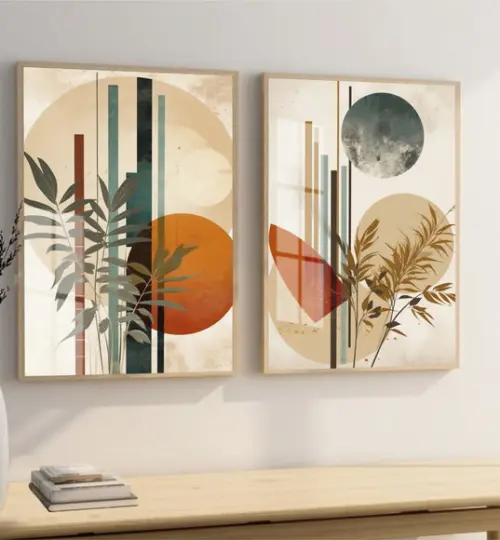 Kit Quadros Decorativos Folhas Geométrico com Moldura Vidro