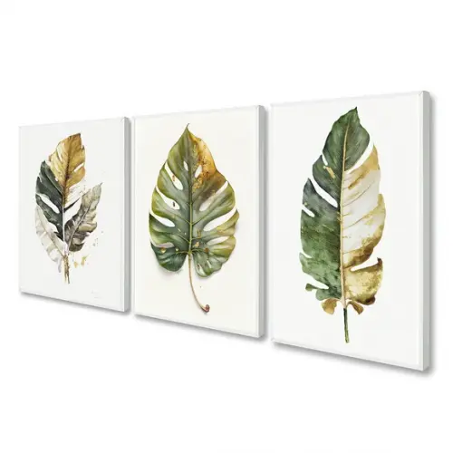 Kit Quadros Decorativos Folhas Verde Costela de Adão Moldura