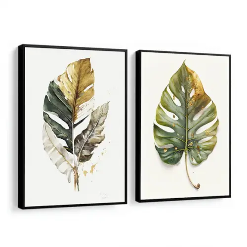 Kit Quadros Decorativos Folhas Verdes Quarto e Sala Moldura
