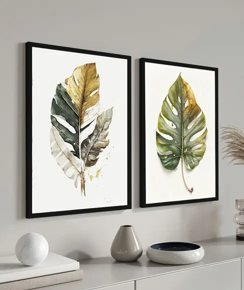 Kit Quadros Decorativos Folhas Verdes Quarto e Sala Moldura