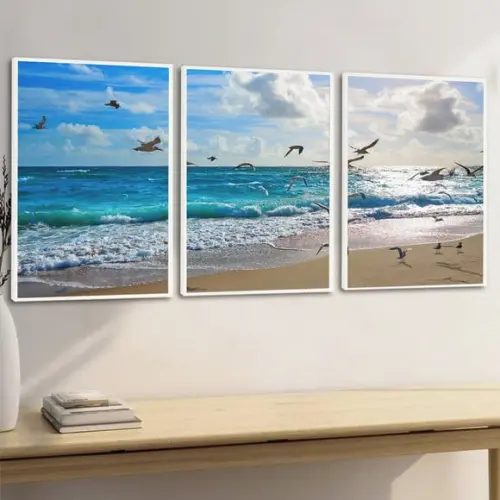 Kit Quadros Decorativos Gaivotas Mar Paisagem Praia Moldura