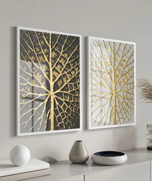 Kit Quadros Decorativos Galhos Dourados Com Moldura E Vidro