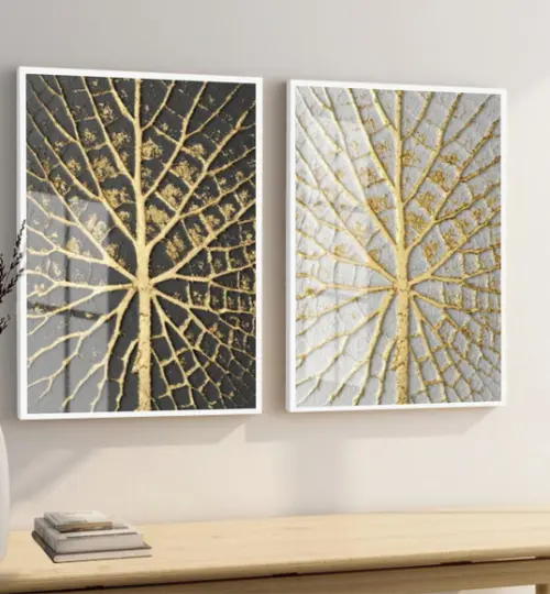 Kit Quadros Decorativos Galhos Dourados Com Moldura E Vidro