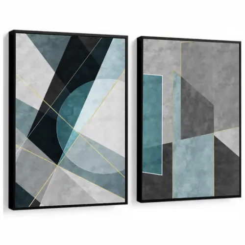 Kit Quadros Decorativos Geométrico Azul Moderno Com Moldura